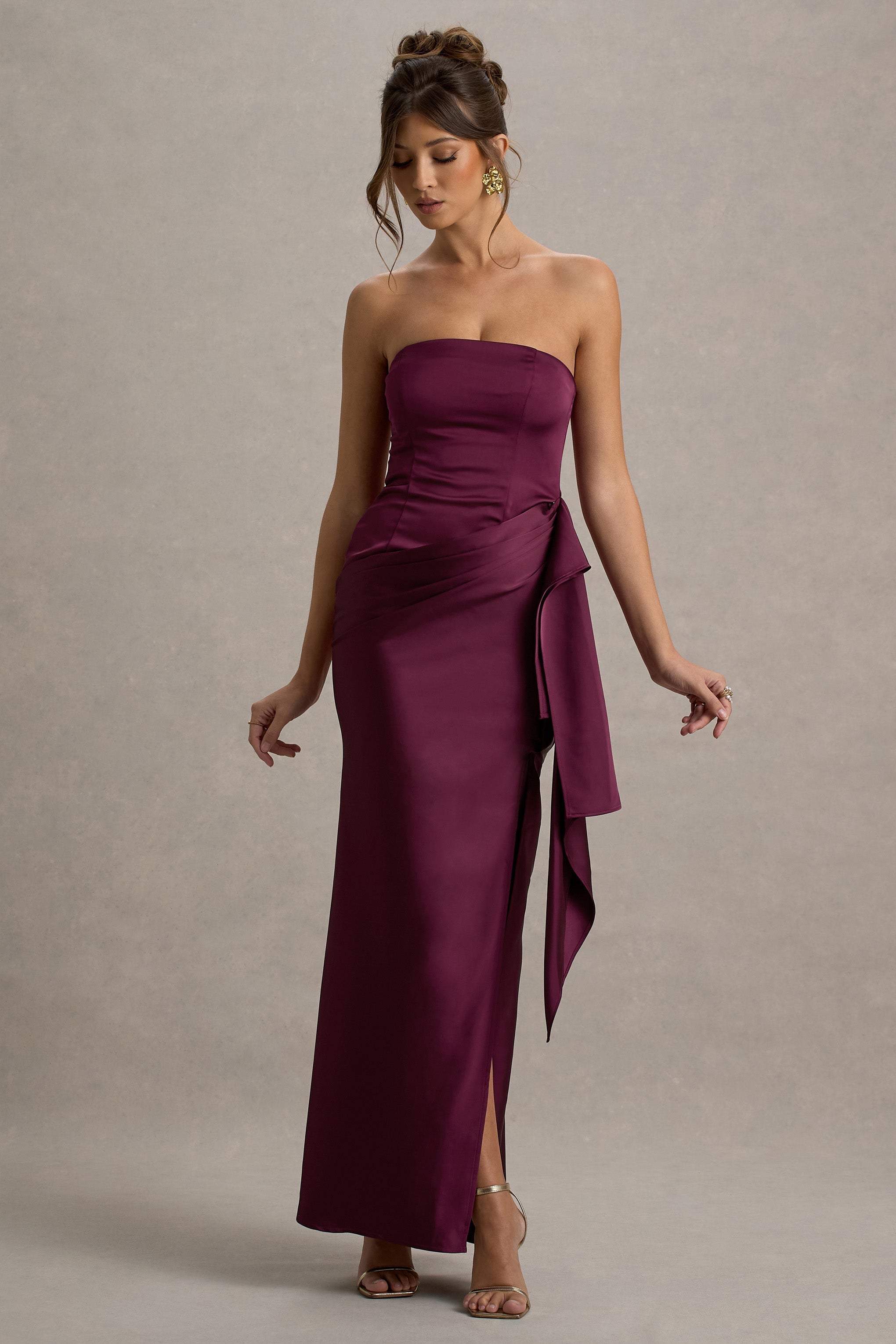 Loz | Burgundy Satin Bandeau Draped Maxi Dress