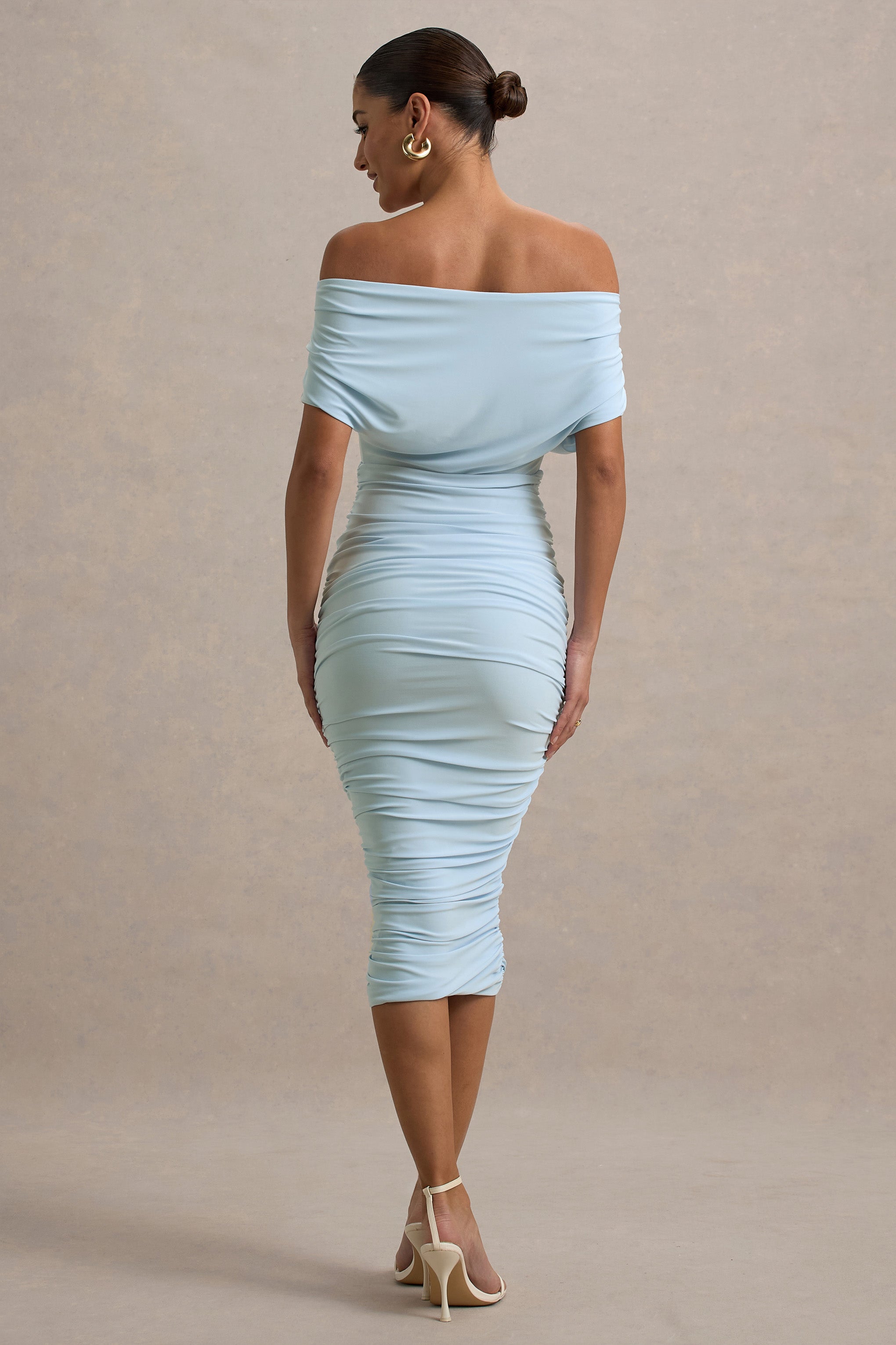 Rayleigh | Powder Blue Bardot Ruched Midi Dress