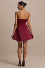 Lioray | Burgundy Satin Bandeau-Neck A-Line Mini Dress