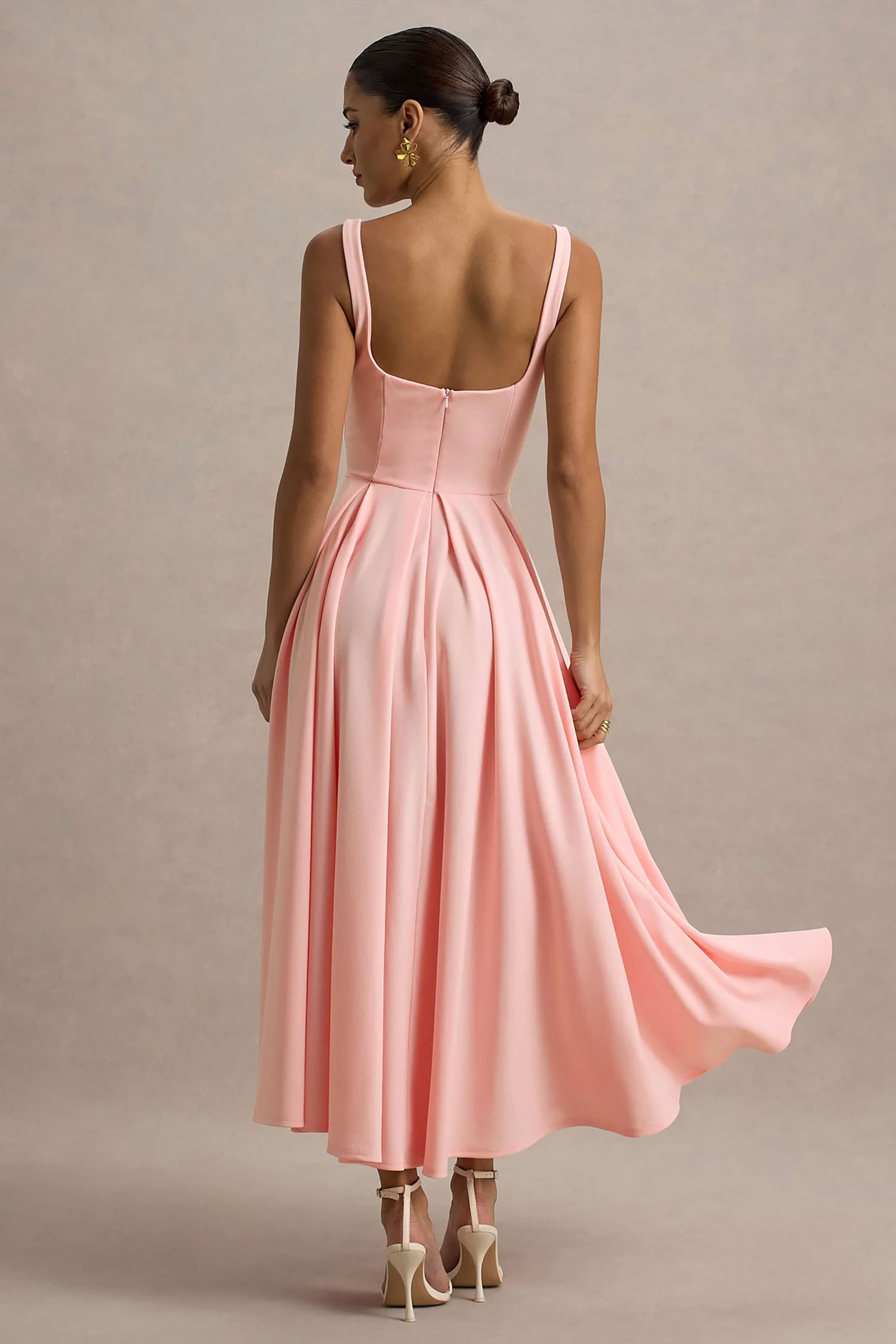 Parina | Pink Strappy Volume-Hem Midi Dress
