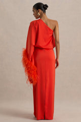 Felicity | Orange Satin Asymmetric-Neck Maxi Dress With Feather Detailing