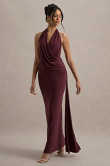 Rosina | Burgundy Halter-Neck Draped Maxi Dress With Sash