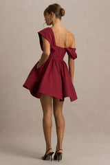 Verona | Burgundy  Draped Asymmetric-Neck Skater Mini Dress
