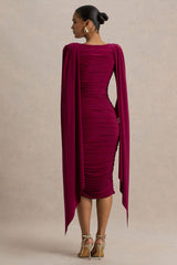 Wanderer | Burgundy Crew-Neck Midi Dress With Draped and Ruched Detailing