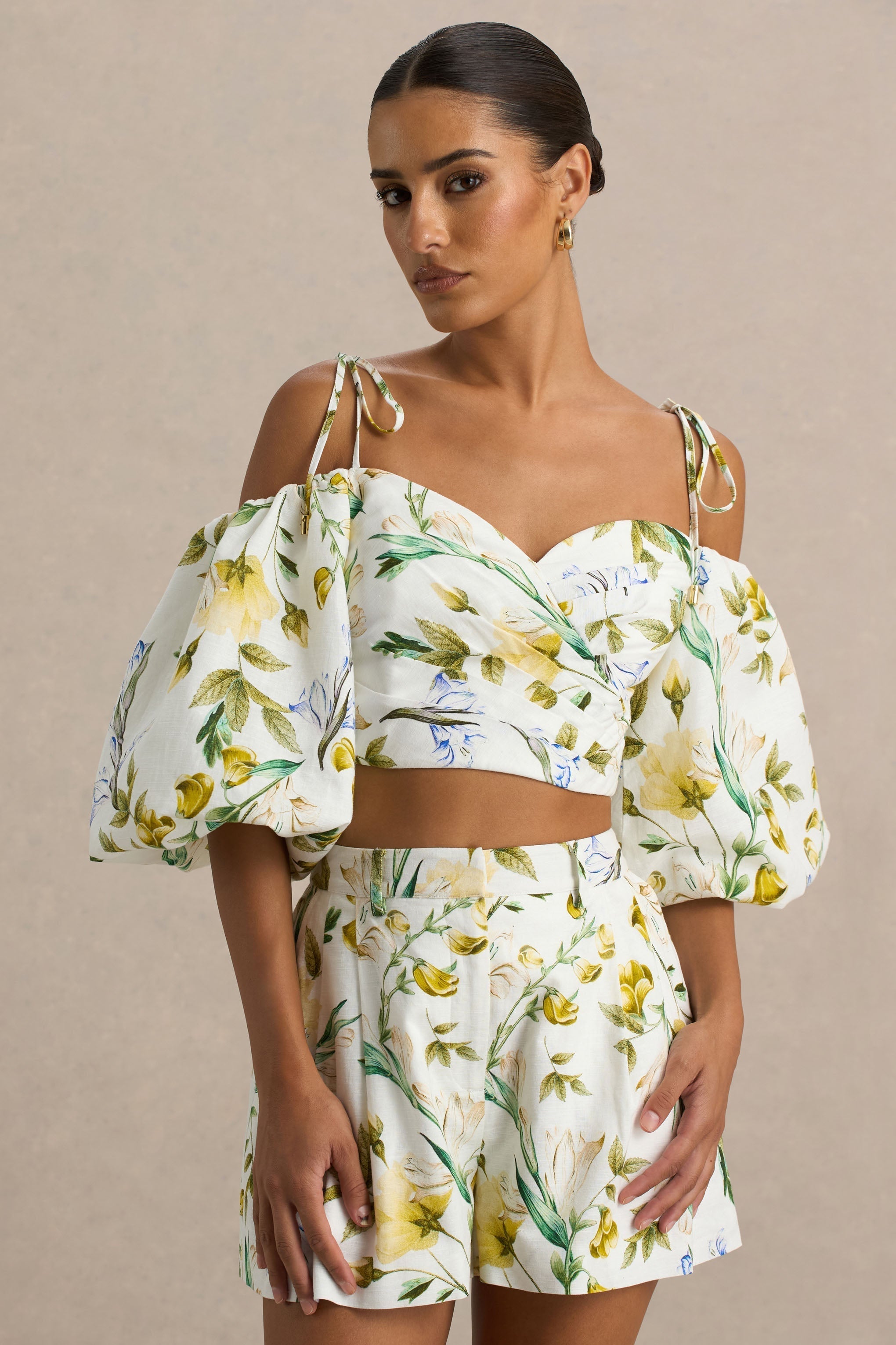 Amberly | Lemon Floral Print Plunge-Neck Ruffled Crop Top