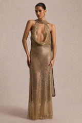 Anele | Gold Sequin High-Neck Sheer Maxi Dress With Sash And Open-Back
