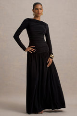 Aniyah | Black High-Neck Maxi Dress With Ruched Detailing