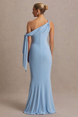 Orielle | Powder Blue Asymmetric-Neck Maternity Maxi Dress With Knot-Sleeve And Sash