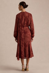 Sabina | Rust Devore Plunge-Neck Midi Dress