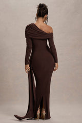 Valina | Brown Ruched Asymmetric Maxi Dress With Drape