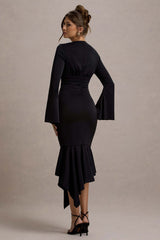 Rehna | Black Plunge-Neck Bell-Sleeve Midi Dress