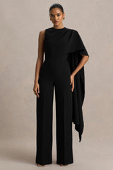Sorenia | Black High-Neck Jumpsuit With One-Cape Sleeve